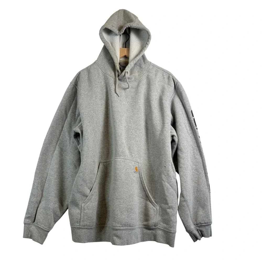 Carhartt Loose Fit Hoodie Heather Gray Graphic‎ Sleeve Mens XL Workwear Pullover